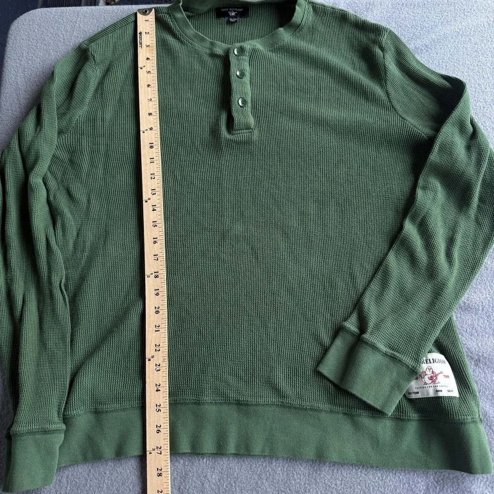 True Religion Shirt Mens 3XL Green Waffle Thermal Long Sleeve Henley Patch Logo